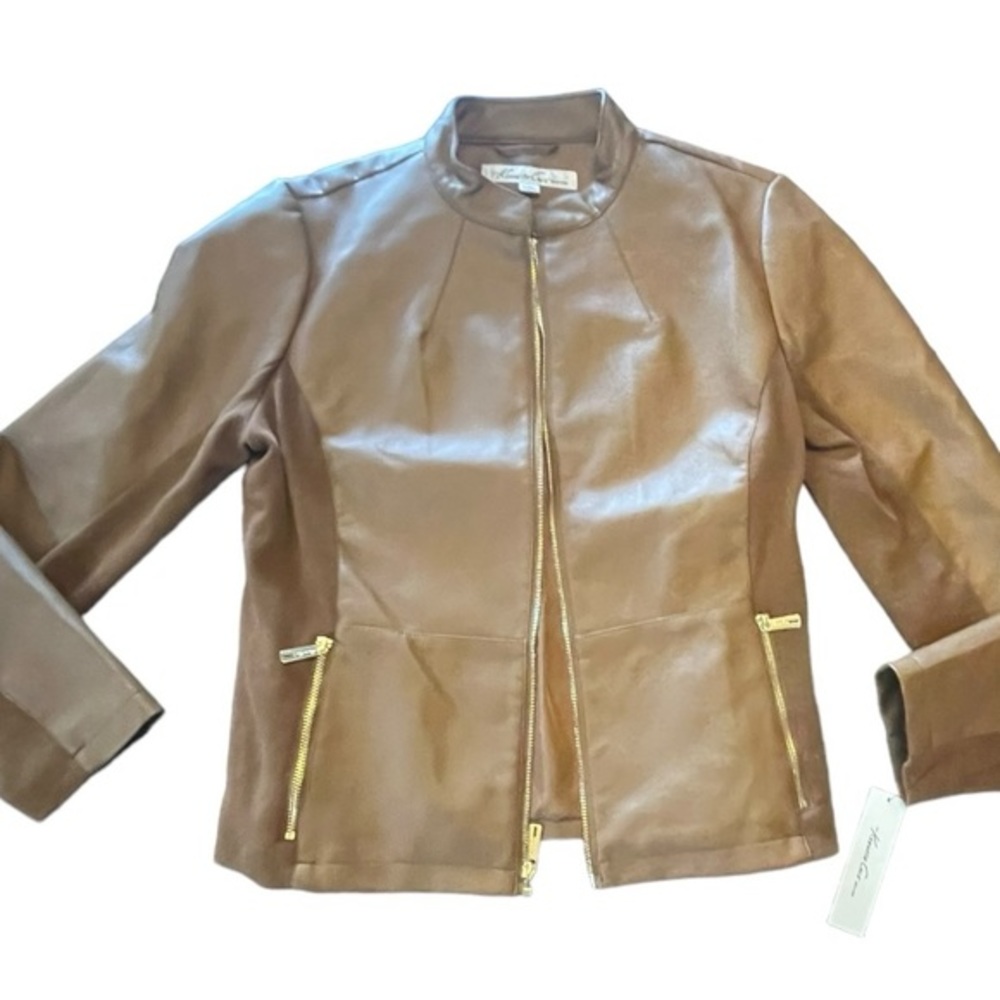 Kenneth Cole New York Brown Faux Leather Moto Style Jacket Size Large
